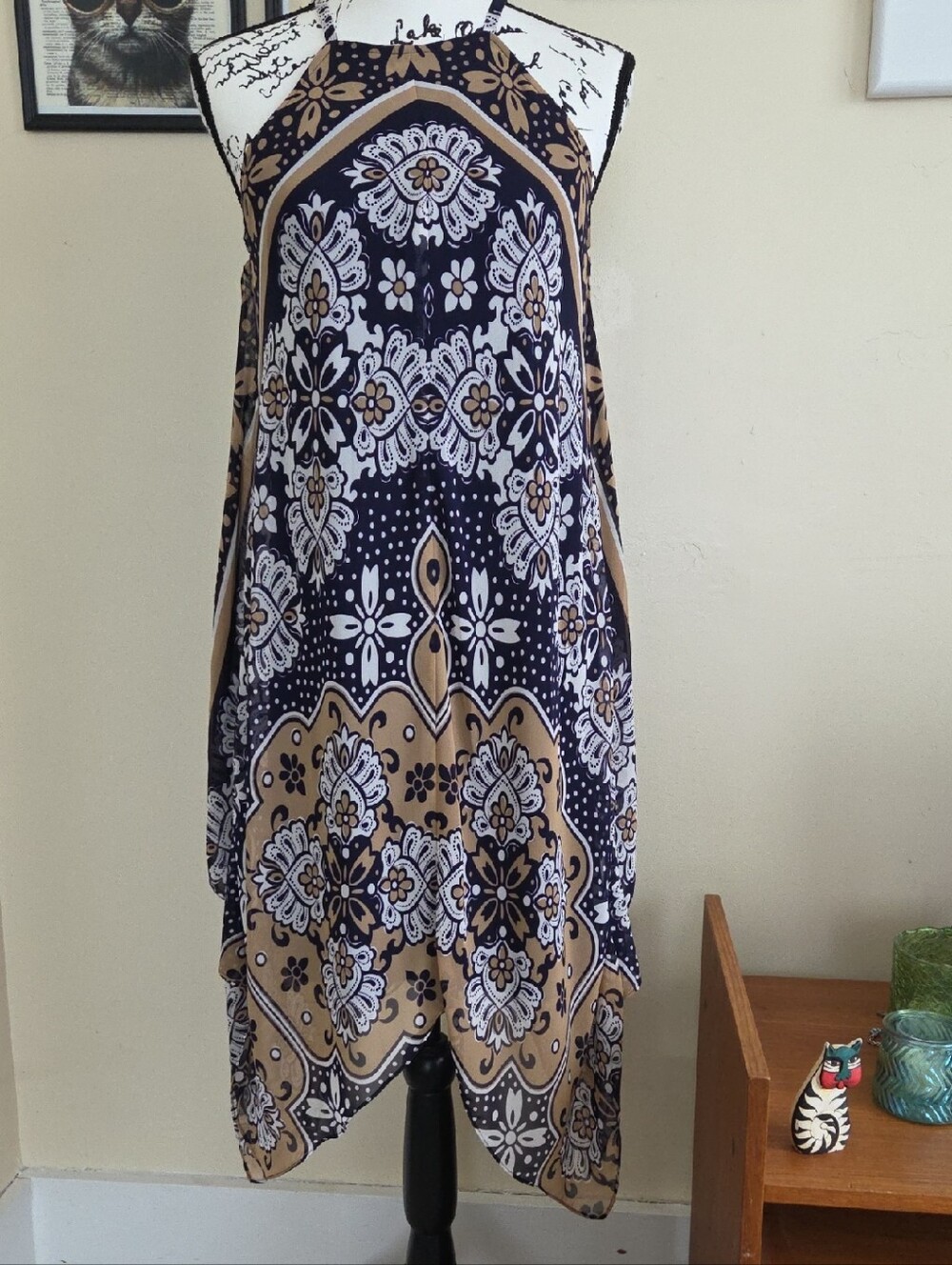 Bohemian Asymmetrical Halter Dress in Navy and Tan